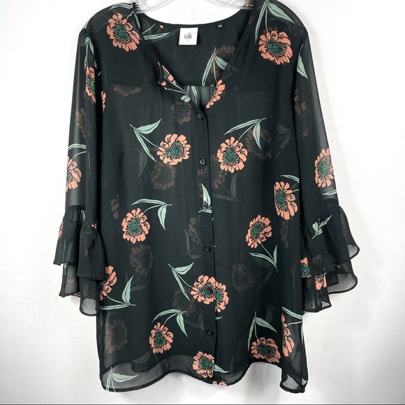 CAbi La Di Da Black Floral Chiffon Blouse Style - Picture 2 of 6
